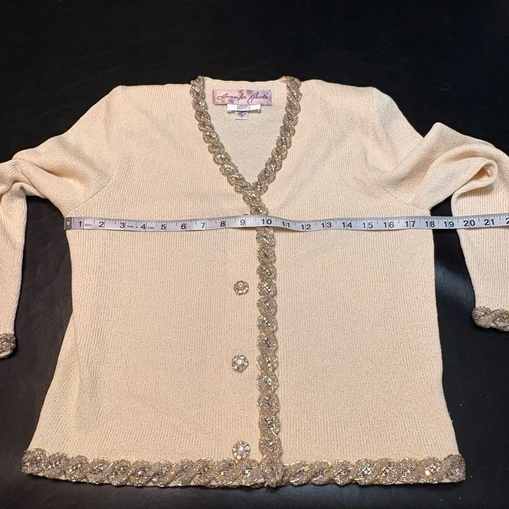Vintage Chic Cream Cardigan with Gold Jewel Detailing made in USA size 4